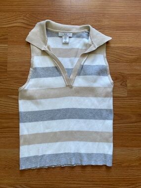 Halston Heritage Striped Knit Sleeveless Polo in Beige, Gray & White